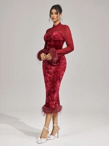 SHEIN Belle Vestido de cóctel elegante de cuello alto con contraste de malla, puño de peluche y ajuste ceñido, para uso en fiestas de vacaciones. Vestido elegante de princesa y celebridad de internet, popular para uso diario con efecto estilizador de cintura y cadera, adecuado para cenas formales, fiestas de baile, Navidad, Año Nuevo, San Valentín, boda y primavera.