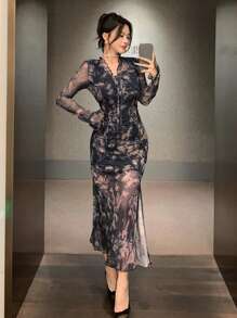 DAZY 全印花花卉和植物网眼 V 领修身中长连衣裙，适合女士、派对装、秋季连衣裙长袖连衣裙 - 黑色 - 查看 5