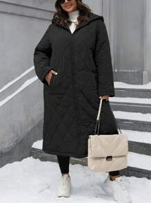 SHEIN LUNE Plus Size Women Solid Color Long Sleeve Zipper Front Hooded Long Casual Winter Clothes Puffer Jacket - Black - View 5