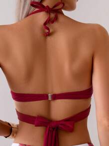 SHEIN Swim Summer Beach Leaf Print Bikini Set Tie Front Halter Bra & High Waisted Bottom 2 Pieces Bikini - Red and White - View 8