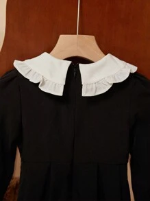 PrepCrw Vestido con mangas abullonadas y cuello color block lindo para niñas, otoño - Negro - View 5