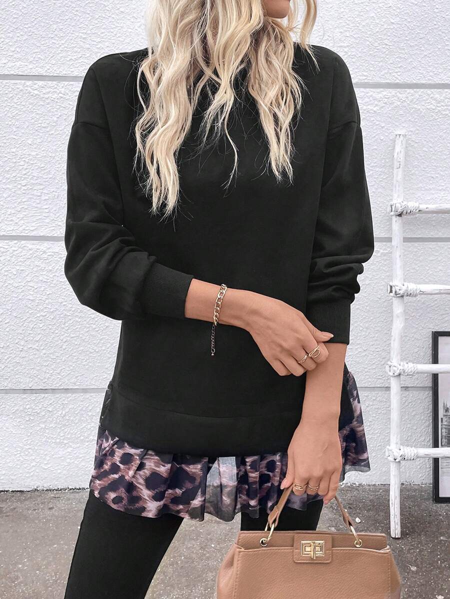 SHEIN LUNE Sweatshirt Patchwork Motif Leopard Kasual, Pullover Musim Gugur/Dingin - Hitam - View 1