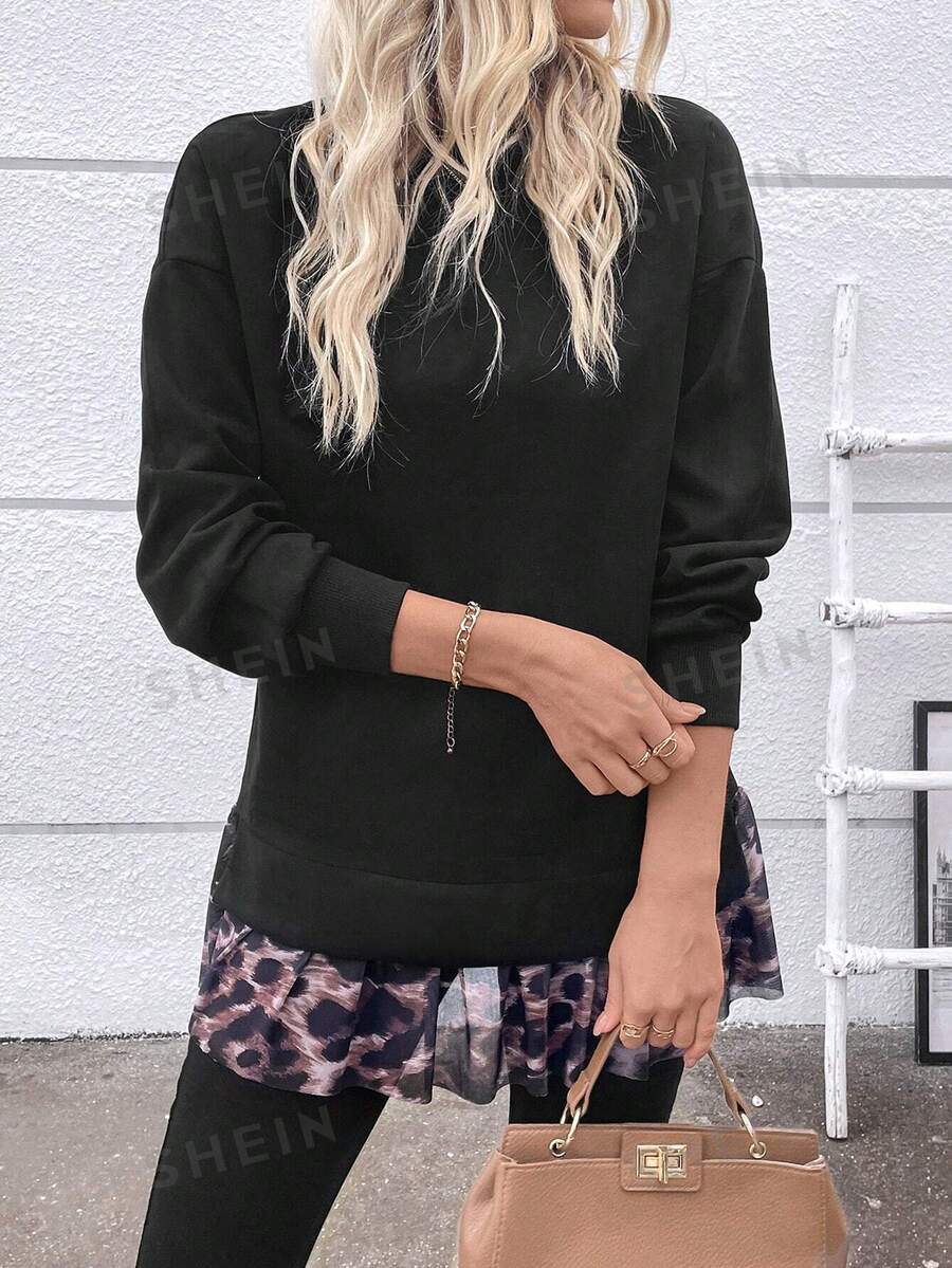 SHEIN LUNE Sudadera informal con estampado de leopardo y parches, jersey de otoño/invierno - Negro - Ver 1
