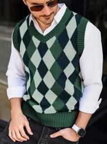 Manfinity Mode Men's Casual Rhombus Pattern V-Neck Sleeveless Sweater Vest, Autumn/Winter, Men Sweater Vest, Sleeveless Sweater Men, Men Knit Vest, Diamond Pattern Sweater Vest, Argyle Sweater Vest