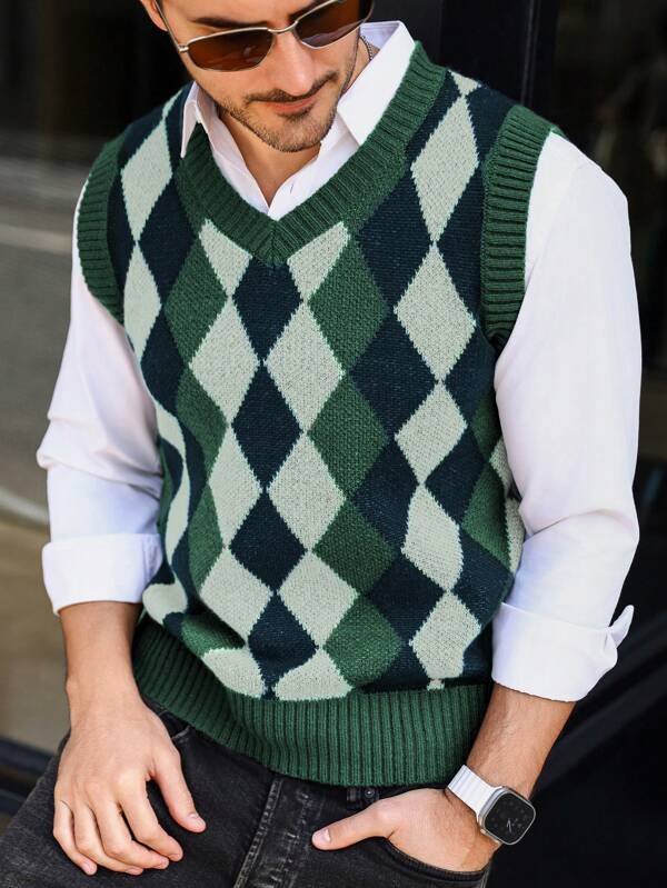 Manfinity Mode Men's Casual Rhombus Pattern V-Neck Sleeveless Sweater Vest, Autumn/Winter, Men Sweater Vest, Sleeveless Sweater Men, Men Knit Vest, Diamond Pattern Sweater Vest, Argyle Sweater Vest