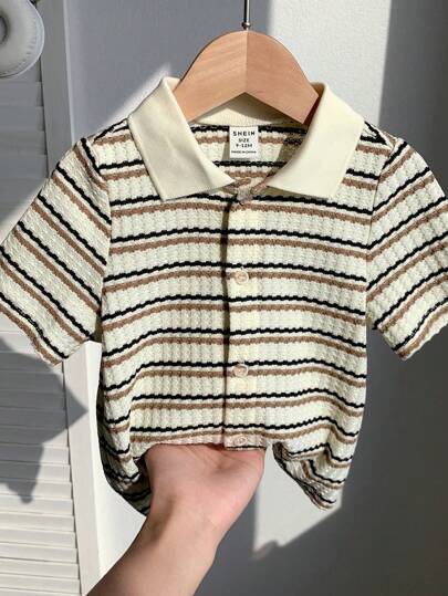 SHEIN Tween Boy Casual Classic Striped Collar Short Sleeve Shirt, Versatile For Commuting, School, Everyday Wear, Sports, Suitable For Spring/Summer