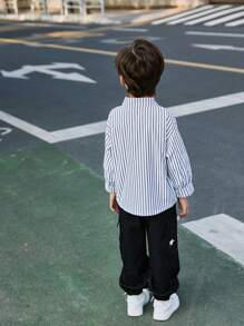 Young Boy Korean Style Long Sleeve Striped Letter Design Casual Shirt Top, Solid Color Comfortable Cargo Pants With Star Print, 2 Pieces Outfit, Chic And Stylish - Multicolor - View 2
