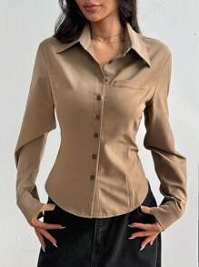 Flirla Blusa minimalista delgada de mujer en color verde oliva vintage - Verde Oliva - Ver 5