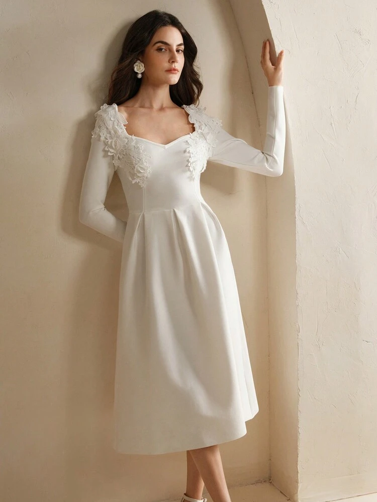 Women's Elegant White Heart-Shaped Floral Decor Long Sleeve A-Line Dress