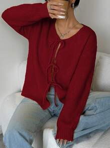 Chiquease Front Tie Design Long Sleeve Cardigan - Burgundy - View 6