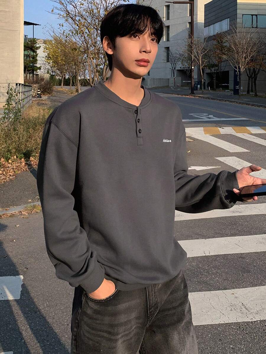 DAZY 男士半拉链字母印花长袖休闲宽松套头衫 - 灰色 - 查看 1