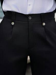 Calvornis Men's Contrast Color Lapel Neck Long Sleeve Jacket And Pants Casual Suit Set, Autumn ,Men's Business Commute INS Versatile Black Suit Set With Golden Buttons. Men Two Pieces Outfits - Black - View 2