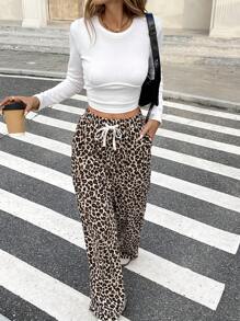 SHEIN Frenchy Pantalon casual à cordon de serrage imprimé léopard pour femmes en grandes tailles, simple et pour un port casual quotidien