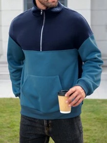 SHEIN Manfinity Dauomo Men's Front Zipper Long Sleeve Pocket Solid Color Patchwork Minimalist Top - Multicolor - View 6