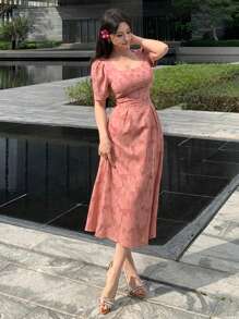 DAZY Lace Allover Floral Pattern Square Neck Mid-Long Dress For Women,Milkmaid Dress