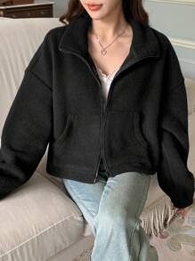 DAZY Women's Solid Color High Collar Sherpa Drop Shoulder Loose Casual Jacket - Black - View 4