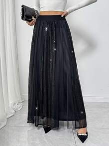 Zolique Falda larga elegante de mujer con lentejuelas y tul negro, para noche de citas, fiesta, con brillo