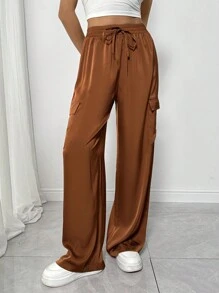 Chiquease Women Casual Versatile Elastic Waist Faux Drawstring Pocket Straight Leg Pants Fall Cloth For Women