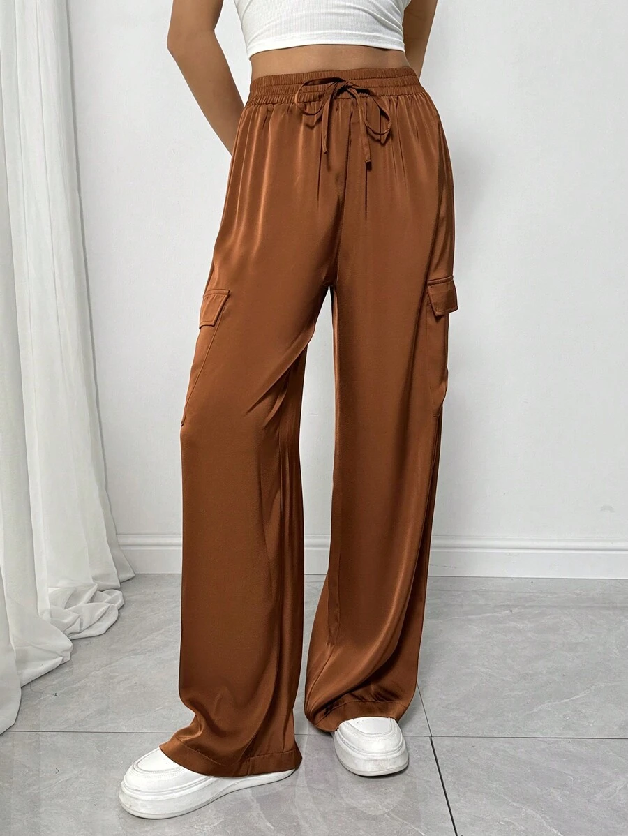 Chiquease Women Casual Versatile Elastic Waist Faux Drawstring Pocket Straight Leg Pants Fall Cloth For Women