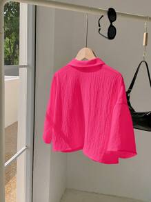 Comfortcana Rose Red Woven Women's Long Sleeve Single-Breasted Casual Crop Shirt - Hot Pink - View 2