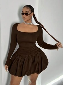 Maweii Plus Size Solid Color Waist Cinched Peplum Mini Dress, Casual For Autumn - Brown - View 4