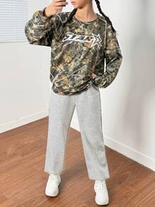 SHEIN Girlism Conjunto de 2 piezas para adolescentes, con estampado de camuflaje y rama de árbol, deportivo, urbano, de vuelta al colegio, genial, sudadera verde y pantalones