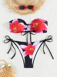 夏季 2 件套女士印花抹胸和系带侧褶比基尼泳装套装 - 紅色 - 查看 1