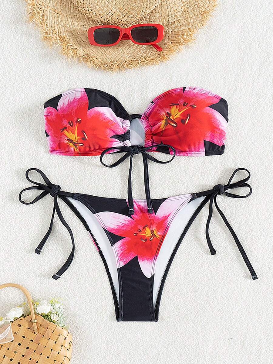 夏季 2 件套女士印花抹胸和系带侧褶比基尼泳装套装 - 紅色 - 查看 1