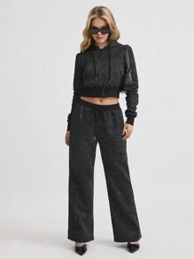 SHEIN Unity 1 件女式黑色休闲复古风格抽绳连帽袋鼠口袋拉链短款运动衫，适合秋冬季 - 黑色 - 查看 1