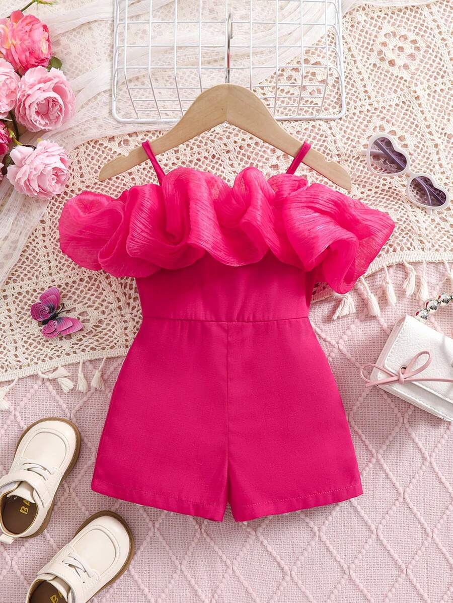 SHEIN 可爱粉色细肩带露肩连体衣，适合女婴，夏季 - 粉色 - 查看 1