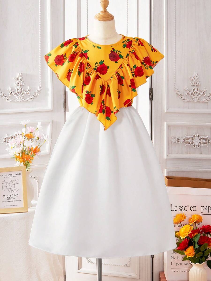 Vestido casual para meninas adolescentes com estampa floral, gola redonda, simples, casual, para o dia a dia - Amarelo - Ver 1