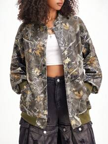 SHEIN EZwear Chaqueta bomber de mujer de hombros caídos con gráfico de letra y rayas para el invierno - Multicolor - Ver 5