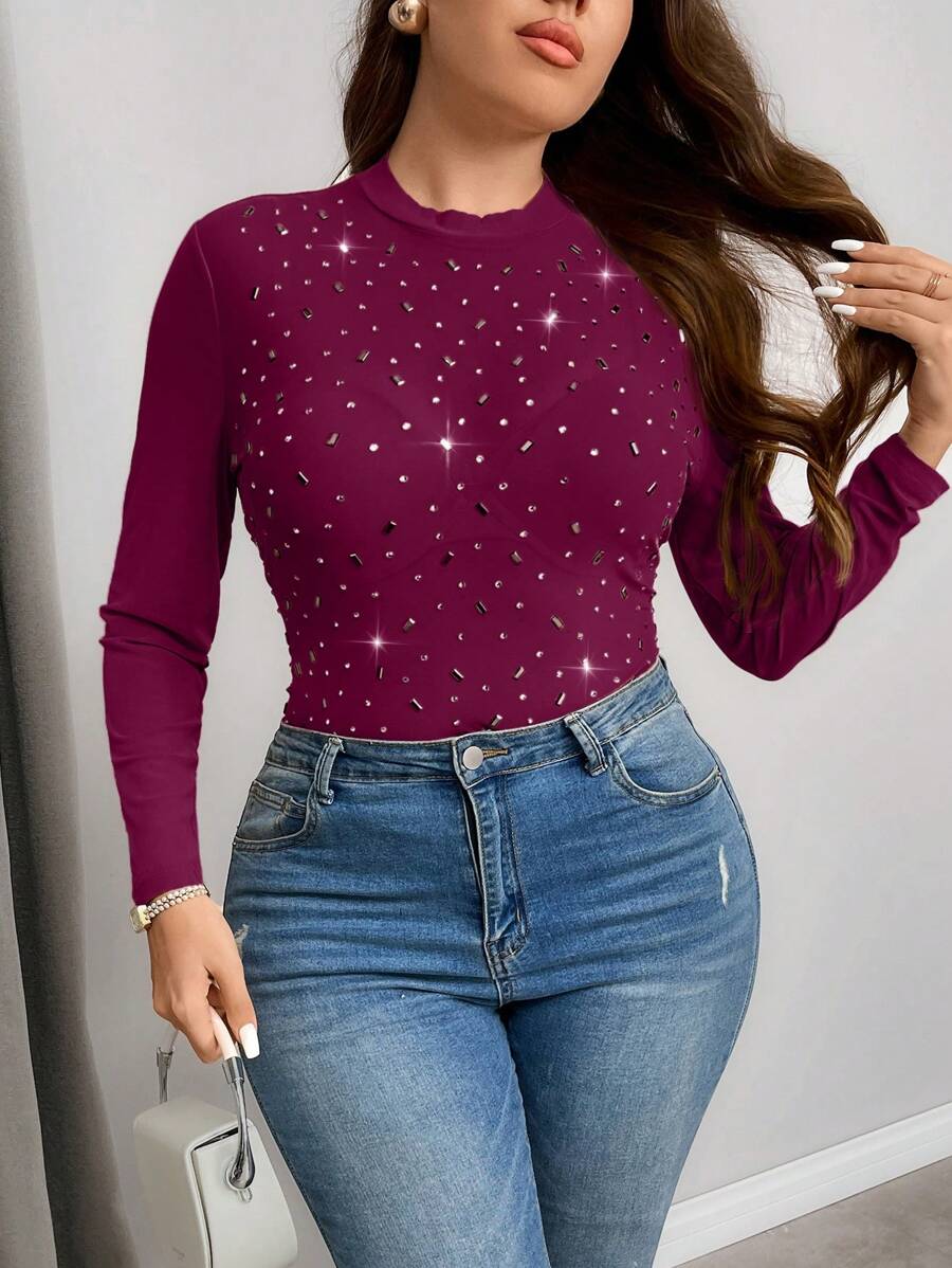 SHEIN Privé Plus Size Women Sparkly Mesh Knit Elegant Camisole Top, Flesh Color Sheer Party Underlay, Valentine