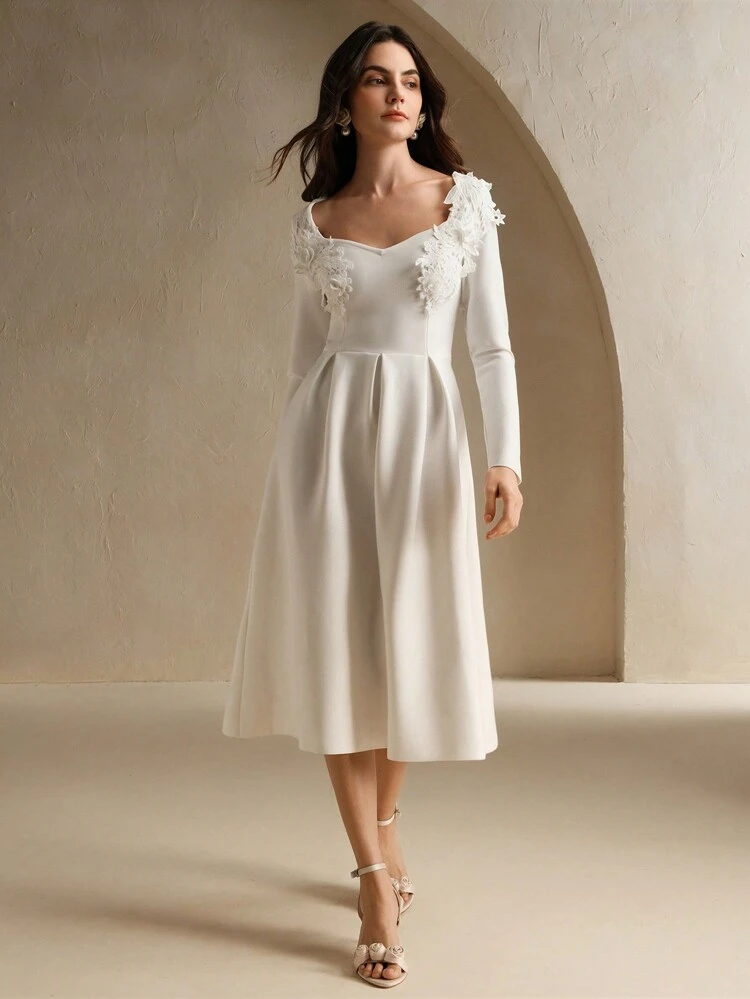 Women's Elegant White Heart-Shaped Floral Decor Long Sleeve A-Line Dress