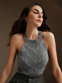 Anewsta Luxurious Gold Pearl Decor Crew Neck Knit Tank Top For Christmas - Grey - View 1