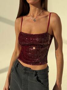 Aloruh 亮片露背勃艮第细肩带性感女式派对吊带背心，适合情人节和圣诞节 - 酒紅色 - 查看 1