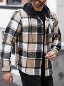 Manfinity CasualMax Plus Size Men's Casual Plaid Drawstring Hooded Shacket, Autumn/Winter