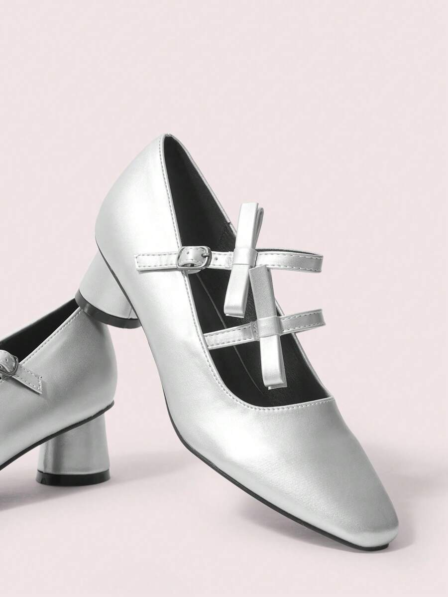 CUCCOO DOLLMOD Bowknot Chunky Heel Mary Jane High Heels For Women Valentines - Silver - View 1
