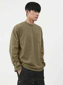 DAZY Camiseta básica casual holgada de unicolor para hombre, otoño e invierno - Verde - Ver 3