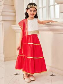 SHEIN 2pcs Set: Young Girl Sleeveless Round Neck Mini Skirt, Casual & Fashionable For Daily Wear - Red - View 5