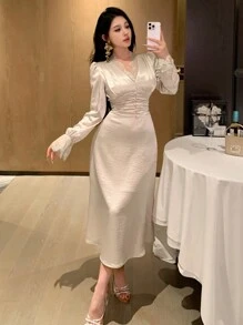 DAZY V 领蕾丝拼布泡泡袖中长连衣裙，适合女士舞会礼服，优雅、荷叶边、正式女士礼服，秋季长袖连衣裙 - 杏色 - 查看 7