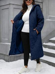 SHEIN LUNE Plus Size Casual Solid Color Hooded Long Winter Clothes Puffer Jacket Fall Cloth For Women Autumn - Navy Blue - View 5