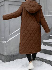 SHEIN LUNE 大码新年和圣诞节休闲钻石图案长款连帽棉服夹棉外套衣服冬季保暖 - 棕色 - 查看 2