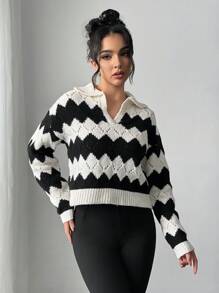 SHEIN Unity Suéter de punto de mujer con cuello calado, bloques de color y rayas - Blanco y Negro - Ver 4