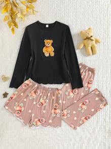 SHEIN 3 件套女孩/青少年女孩绿色熊印花短袖上衣、裤子和短裤睡衣套装 - 卡其色 - 查看 1