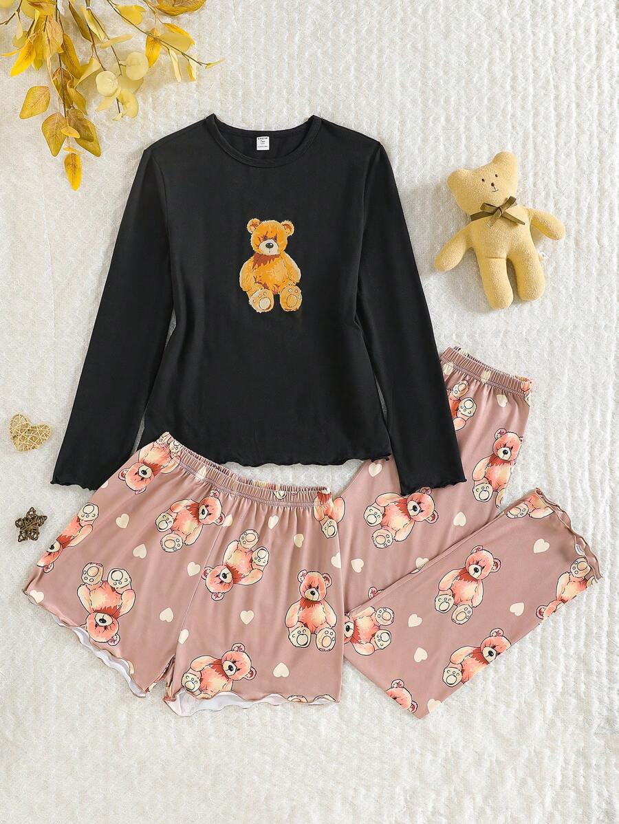 SHEIN 3 件套女孩/青少年女孩绿色熊印花短袖上衣、裤子和短裤睡衣套装 - 卡其色 - 查看 1