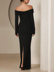 GENKIRA Off Shoulder Ribbed Fitted Maxi Knit Dress, Long Sleeve Bodycon Long Dress For Women - Black - View 2