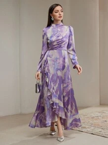 Veilorie Elegant Tie-Dye Puff Sleeve Ruffle Trim Arabic Style Dress, Autumn Modest - Multicolor - View 1