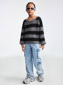SHEIN Tween Girl Loose Fit Black & Grey Striped Round Neck Drop Shoulder Long Sleeve Sweater, Casual For Autumn/Winter - Multicolor - View 3