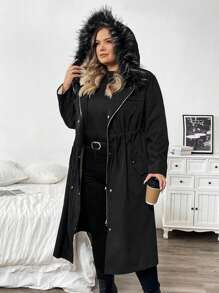 SHEIN CURVE+ Plus Size Women's Winter Long Style With Added Fleece Wool Hooded Regular Jacket